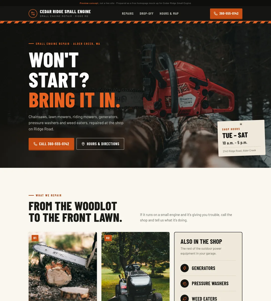 Concept homepage for a small-engine repair shop: dark workshop photo, bold condensed headline and shop hours tag.